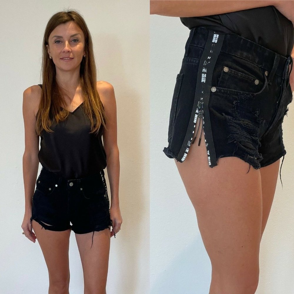 LF High Rise Shredded Black Denim Shorts Side Zip 24